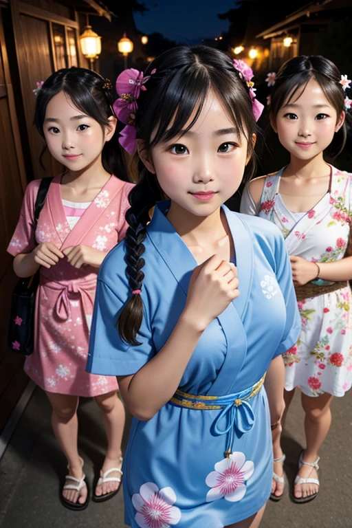 nsfw、1girl、Dressed for an adventureの肌の質感、((Three beautiful teenage girls:1.5))、Cute hairstyle、Huge breasts、smile、Fresh one-piece style、Choose a cute yukata with floral patterns or pastel colors.、Please wear flat sandals..、Add accents with basket bags and headbands、By incorporating bright colors and patterns、、Creates a gorgeous and cute impression、((night、深night))、(Braided Ponytail、Cute hair cot&#39;In the summer, I like to attend local summer festivals...、、Dressed as Little Red Riding Hood、breast enhancement、Walking while humming、Looks like a lot of fun、There is a basket with apple pie、Take low-angle shots, Dressed for an adventure