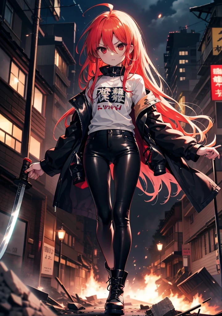 Shana,灼眼のShana,Long Hair, Redhead, Red eyes, Ahoge,Small breasts,Serious face,Black rider jacket,black t-shirts,Leather pants,boots,rubble,The town is collapsing,Explosive flame,A long Japanese sword engulfed in flames:One is stuck in the ground,night,moonlight,Are standing,whole bodyがイラストに入るように,　　　　　　　　　　　　　break outdoors, construction area,　　　　　　　　　　　　　　　break looking at viewer, whole body, 　　　　　　　　break (masterpiece:1.2), Highest quality, High resolution, unity 8k wallpaper, (shape:0.8), (Beautiful attention to detail:1.6), Highly detailed face, Perfect lighting, Highly detailed CG, (Perfect hands, Perfect Anatomy),