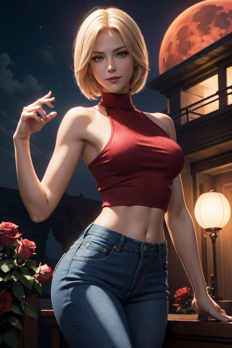 KOF,King of Fighters,Blue Mary,Blue Eyes,Blonde Hair,Medium Hair,Beautiful white skin,Photorealistic,Ultra HD,high quality,masterpiece,Digital SLR,Detailed details,Intricate details,Anatomical basis,Depicted in detail,A detailed face,Realistic skin texture,Vivid details,Perfect Anatomy,Perfect Anatomy,Anatomically correct hand,Anatomically correct fingers,Super Detail,Complex 3D rendering,Sexy pose,Red knit sleeveless top,jeans,Fantasy worldview,Beautiful red sea,Beautiful Red Moon,Beautiful night sky,Petals of roses dance,Picturesque,Pink Lips,smile,