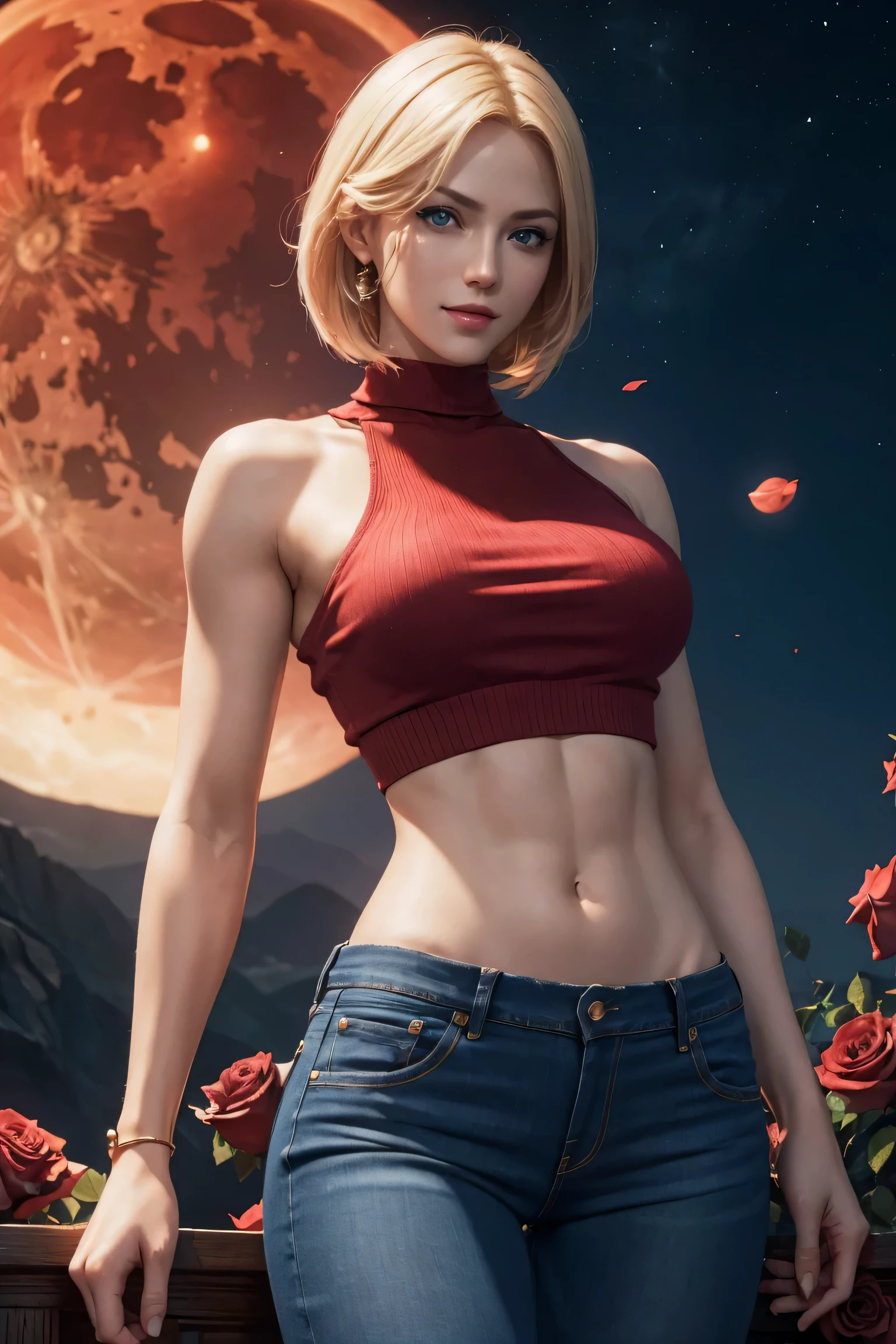 KOF,King of Fighters,Blue Mary,Blue Eyes,Blonde Hair,Medium Hair,Beautiful white skin,Photorealistic,Ultra HD,high quality,masterpiece,Digital SLR,Detailed details,Intricate details,Anatomical basis,Depicted in detail,A detailed face,Realistic skin texture,Vivid details,Perfect Anatomy,Perfect Anatomy,Anatomically correct hand,Anatomically correct fingers,Super Detail,Complex 3D rendering,Sexy pose,Red knit sleeveless top,jeans,Fantasy worldview,Beautiful red sea,Beautiful Red Moon,Beautiful night sky,Petals of roses dance,Picturesque,Pink Lips,smile,