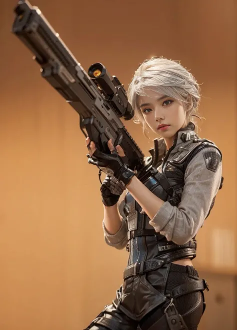 8k,realistic skin texture、real photo、super realism photo、silver hair、large futuristic gun