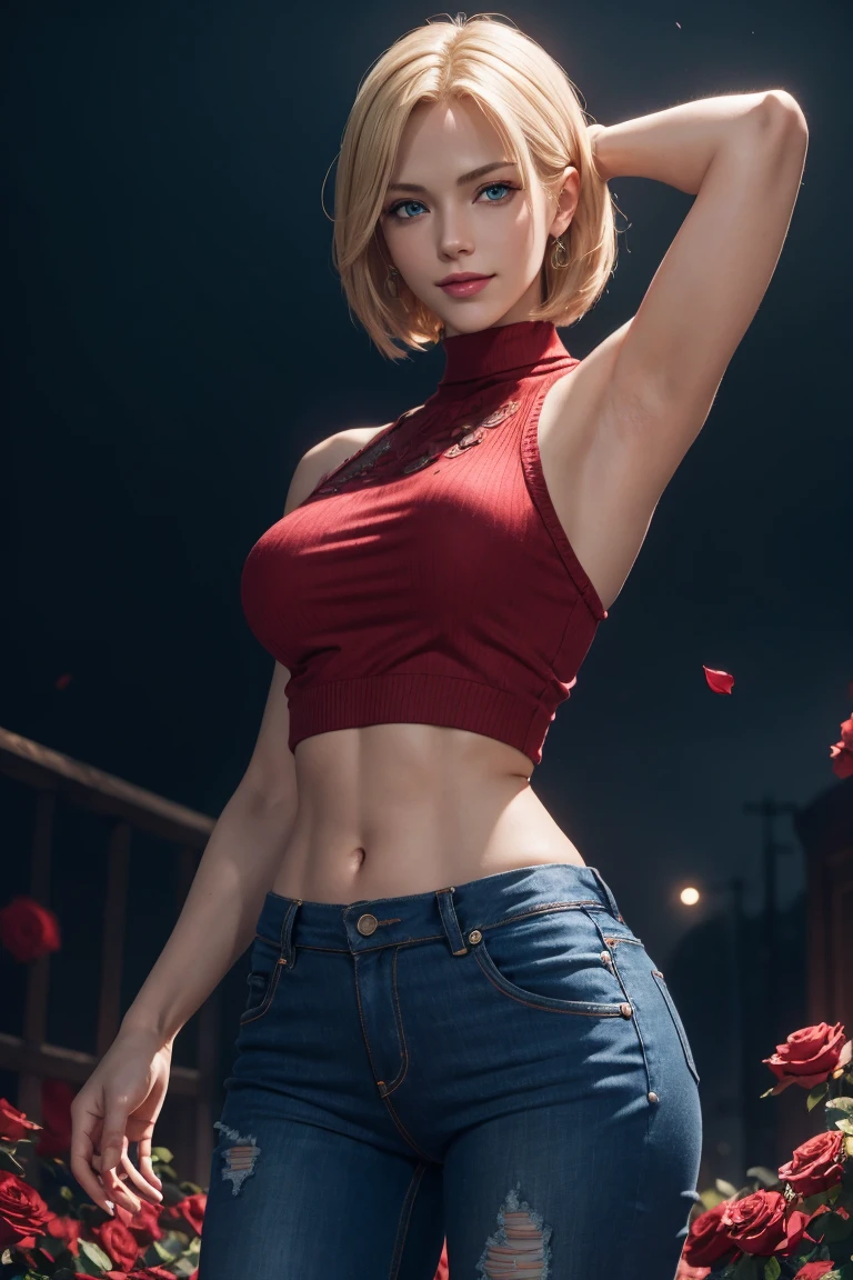 KOF,King of Fighters,Blue Mary,Blue Eyes,Blonde Hair,Medium Hair,Beautiful white skin,Photorealistic,Ultra HD,high quality,masterpiece,Digital SLR,Detailed details,Intricate details,Anatomical basis,Depicted in detail,A detailed face,Realistic skin texture,Vivid details,Perfect Anatomy,Perfect Anatomy,Anatomically correct hand,Anatomically correct fingers,Super Detail,Complex 3D rendering,Sexy pose,Red knit sleeveless top,jeans,Fantasy worldview,Beautiful red sea,Beautiful Red Moon,Beautiful night sky,Petals of roses dance,Picturesque,Pink Lips,smile,