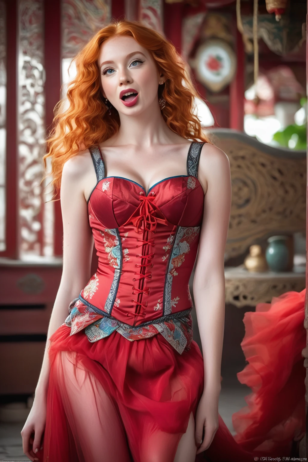 A European girl with vibrant ginger hair and grey eyes, playfully sticking out her long tongue. She wears a stunning red dress adorned with intricate Chinese patterns, featuring a red corset and crinoline. Her long, curly hair cascades volumetrically, while she squats gracefully, holding her skirt. The scene is ultra-realistic, highlighting her long legs and wide hips, complemented by red toe socks.