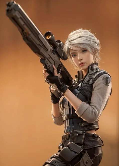 8k,realistic skin texture、real photo、super realism photo、silver hair、large futuristic gun