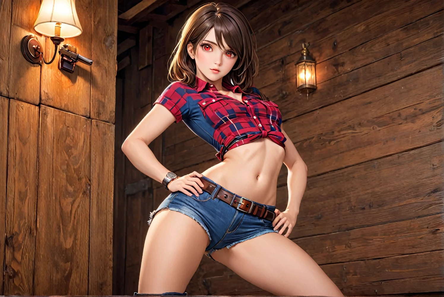 (((1 female:2.0))),(((NSFW:0.5))),(((Wearing denim hot pants:1.5))),(((Wear a red checked short-sleeved collared shirt:1.5))),(((Wear a gun belt with a holster:1.8))),((Put the watch on your wrist:1.5))),(((Exposed thin inner thighs))),(((Small breasts:1.5))),(((Navel exposed:1.5))),(((Bare arms))),(((Put your boots on:1.5))),((Blushed:1.8)), Beautiful detailed, Very detailed目と顔, 緻密でBeautiful Eyes, Very detailed, High resolution, Highest quality, masterpiece, Very detailed, 8k wallpaper, wonderful, finely, Highest quality,(Standing in front of a wooden wall),Beautiful Eyes,((Engage your audience:1.2))),((Drinking whiskey:1.0)),(((Scared 1.6)))