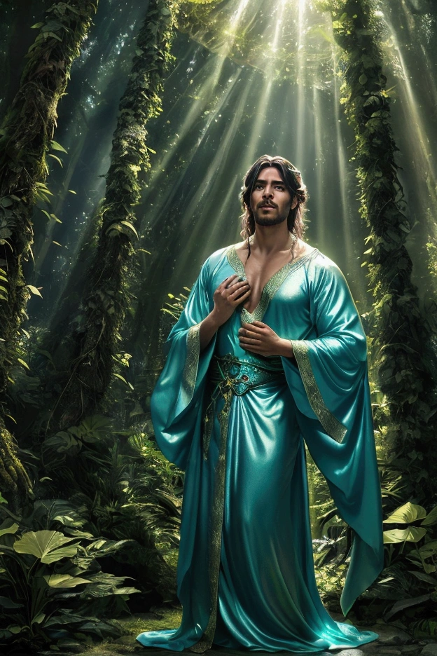 A man wanders into a lush, mystical forest where the air is thick with enchantment. He encounters a beautiful, ethereal being with glowing eyes and flowing, iridescent robes that shimmer in the moonlight. The atmosphere is charged with an otherworldly energy as they draw closer, sharing an intense, magical connection.