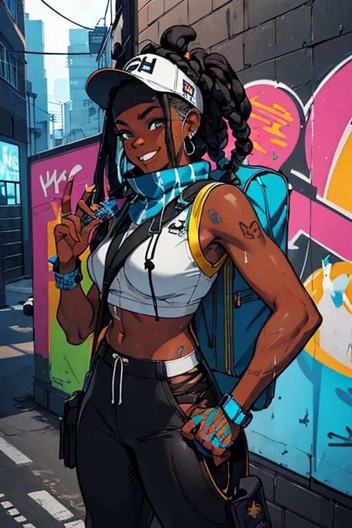 a black girl graffiti artist, dj, music, Black and blue dreadlocks, urban, Snapback tiene, vigilante, vibrant fan art, schoolbag, hip hop, sleeveless, in ear headphones, music, sexy, tight clothing smiling,  fit, hot, sweaty, blue piercing,( masterpiece) ( Best Quality)