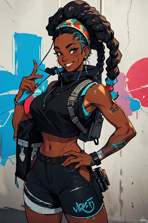 a black girl graffiti artist, dj, music, Black and blue dreadlocks, urban, Snapback tiene, vigilante, vibrant fan art, schoolbag, hip hop, sleeveless, in ear headphones, music, sexy, tight clothing smiling,  fit, hot, sweaty, blue piercing,( masterpiece) ( Best Quality)