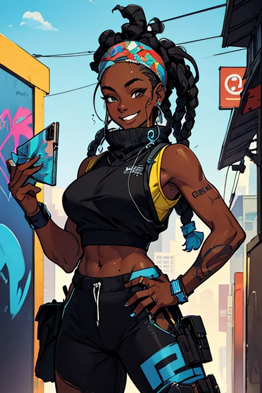 a black girl graffiti artist, dj, music, Black and blue dreadlocks, urban, Snapback tiene, vigilante, vibrant fan art, schoolbag, hip hop, sleeveless, in ear headphones, music, sexy, tight clothing smiling,  fit, hot, sweaty, blue piercing,( masterpiece) ( Best Quality)