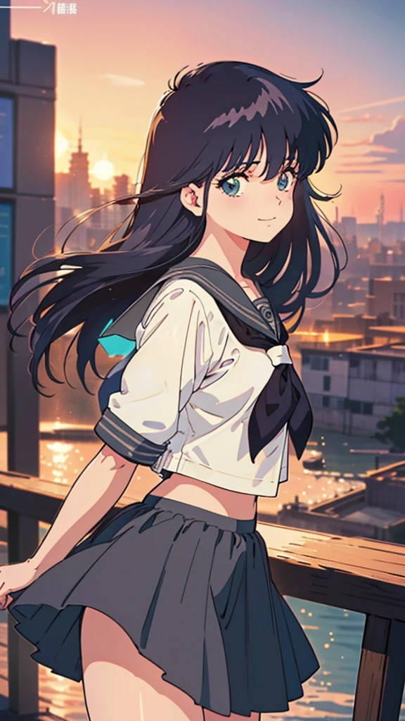 (Tabletop, Highest quality, High resolution:1.5, Anime Color,  Anime key visual, sharp, 8k, Realistic), (Beautiful attention to detail:1.5, Beautifully detailed face:1.2), smile、Embarrassed、(Black Hair)、tits、Black Sailor Suit、Pure white underwear、(Perfectly detailed anatomy, Beautiful detailed hair, Beautiful and exquisite body:1.2, Glowing Skin), (Thick outline, Beautiful contours, Black outline)、The wind flips up my skirt、Riverbank、Strong winds