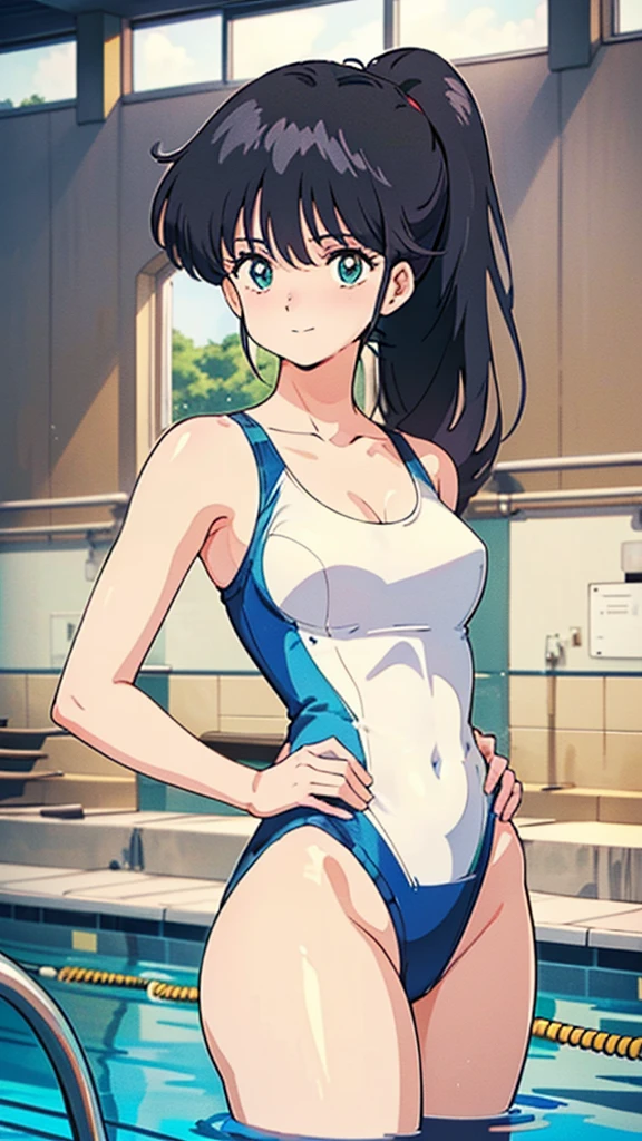 (Tabletop, Highest quality, High resolution:1.5, Anime Color,  Anime key visual, sharp, 8k, Realistic), (Beautiful attention to detail:1.5, Beautifully detailed face:1.2), smile、Embarrassed、(Black Hair, ponytail)、tits、One-piece school swimsuit、(Perfectly detailed anatomy, Beautiful detailed hair, Beautiful and exquisite body:1.2, Glowing Skin), (Thick outline, Beautiful contours, Black outline)、Armpits、Put your hands on your hips、Indoor swimming pool