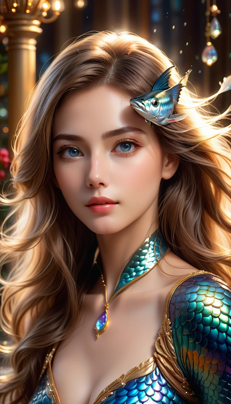 1 woman, Detailed gorgeous face, delicate features, long flowing hair, beautiful eyes, elegant expression, complex gem, detailed skin, Porcelain complexion, heavenly beauty, elegant pose, fantasy setting, shining light, Dreamlike atmosphere, movie lights, (best quality,4K,8k,mackerel,masterpiece:1.2),very detailed,(realistic,photorealistic,photo-realistic:1.37),vivid colors, digital painting