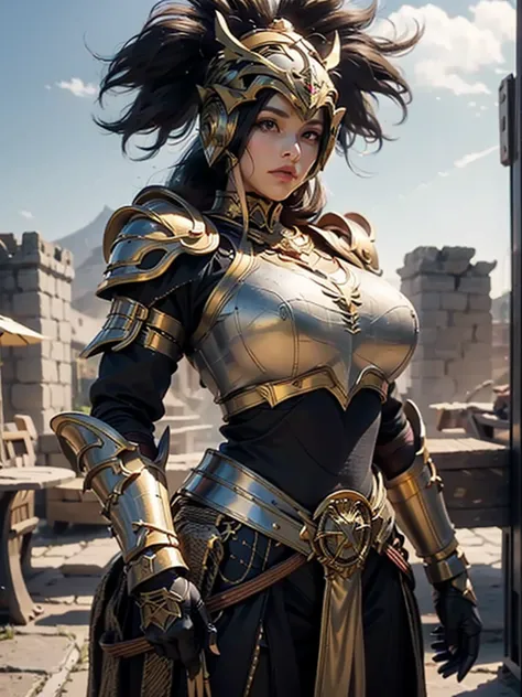 a beautiful golden-greek-armored warrioress, jet-black hair, spartan helmet, muscular, huge and heavy breasts, looking at viewer...