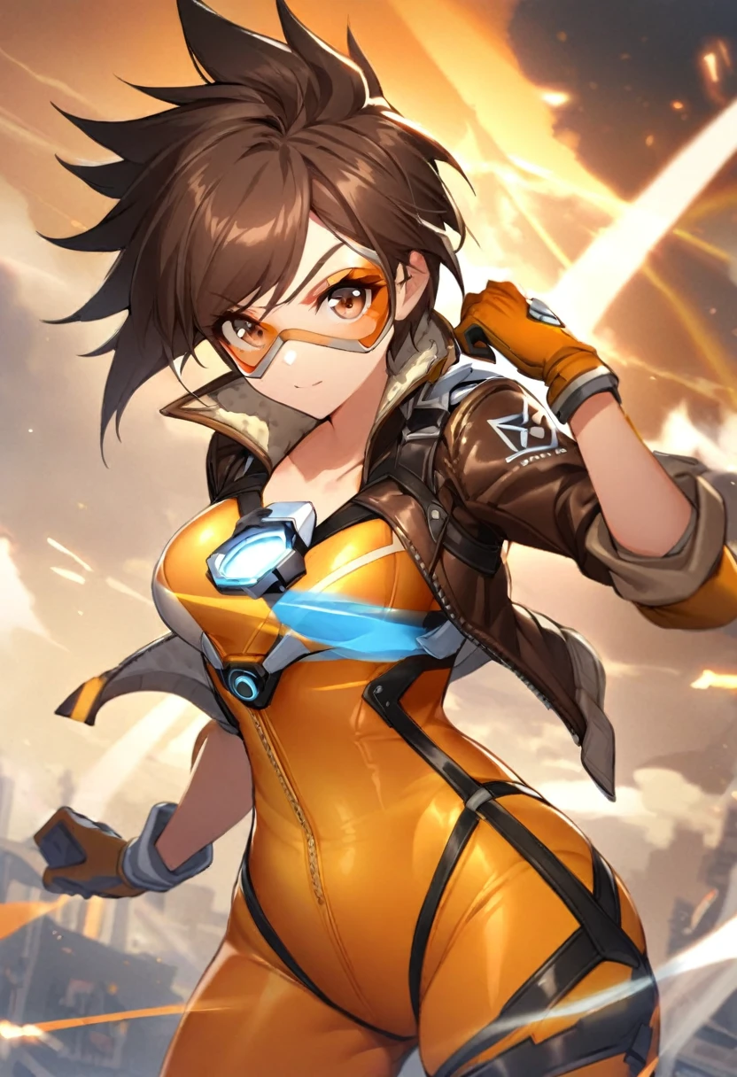 TracerOver1,1girl,solo,short hair,brown hair,gloves,brown eyes,jacket,bodysuit,spiked hair,goggles,sleeves rolled up,brown jacket,leather,harness,leather jacket,chest harness,orange bodysuit,bomber jacket,orange goggles,tracer (overwatch)