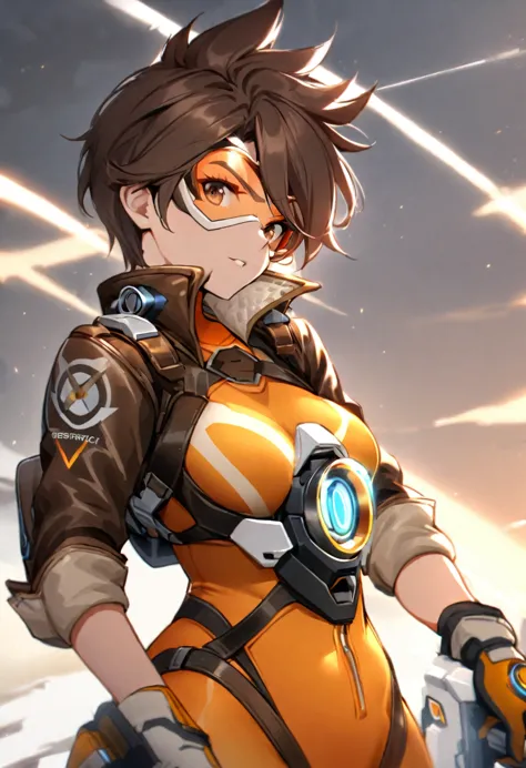 tracerover1,1girl,solo,short hair,brown hair,gloves,brown eyes,jacket,bodysuit,spiked hair,goggles,sleeves rolled up,brown jacke...