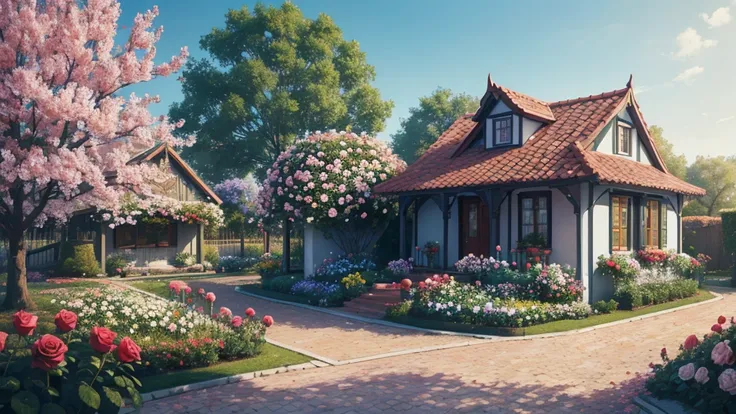 ((masterpiece)),((highest quality)),((high detail)),nobody,background,rose garden, colorful flowers, small house, vision