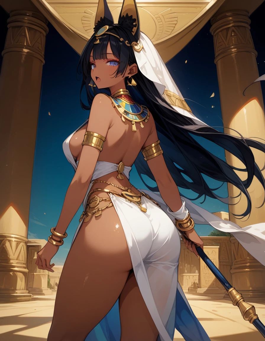 score_10,score_9_up,score_8_up,score_7_up, hadrian, medium breasts,expressionless, looking at viewer, seductive, with Pyramid of Khufu view, in Egypt, female anubis, egyptian clothes, egyptian mythology, truncheon,staff, long black hair, dark skin, open mouth, lewd, cowboy shot, nice hips, hand on hip, hip sway, half open eyes, thick thighs, ass, big ass, view from behind,