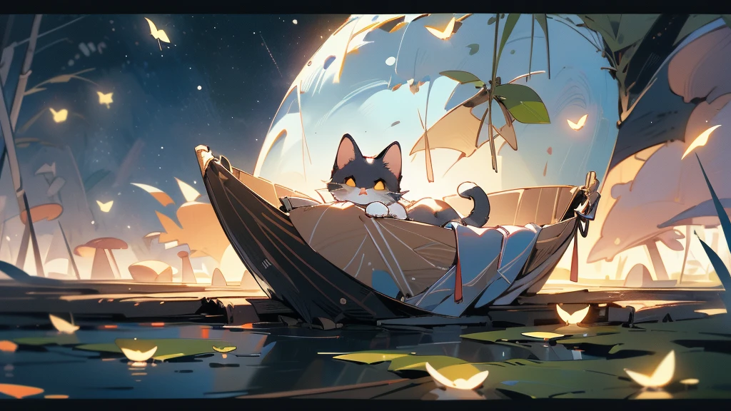 a young boy lying and looking up at the night sky, a cat sleeping on a small raft in a calm very small lake, fireflies illuminating the surroundings, glowing patterns on the grass, leaves, trees, and mushrooms around, atmospheric, serene, detailed, (best quality,8k,highres,masterpiece:1.2),ultra-detailed,(realistic,photorealistic,photo-realistic:1.37),digital painting,cinematic lighting,vibrant colors,beautiful landscape,tranquil scene,fantasy
