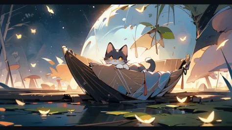 a young boy lying and looking up at the night sky, a cat sleeping on a small raft in a calm very small lake, fireflies illuminat...