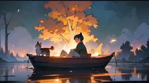 a young boy lying and looking up at the night sky, a cat sleeping on a small raft in a calm very small lake, fireflies illuminat...