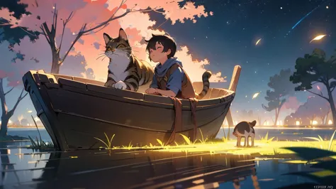 a young boy lying and looking up at the night sky, a cat sleeping on a small raft in a calm very small lake, fireflies illuminat...