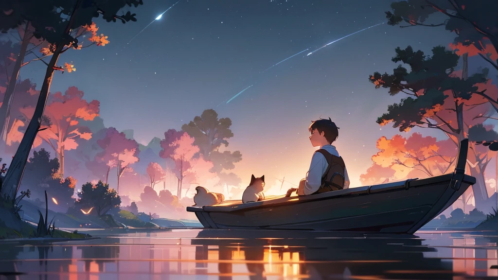 a young boy lying and looking up at the night sky, a cat sleeping on a small raft in a calm very small lake, fireflies illuminating the surroundings, glowing patterns on the grass, leaves, trees, and mushrooms around, atmospheric, serene, detailed, (best quality,8k,highres,masterpiece:1.2),ultra-detailed,(realistic,photorealistic,photo-realistic:1.37),digital painting,cinematic lighting,vibrant colors,beautiful landscape,tranquil scene,fantasy
