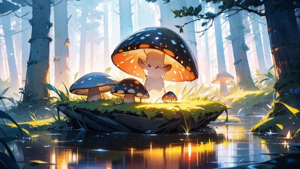 a young boy lying and looking up at the night sky, a cat sleeping on a small raft in a calm very small lake, fireflies illuminating the surroundings, glowing patterns on the grass, leaves, trees, and mushrooms around, atmospheric, serene, detailed, (best quality,8k,highres,masterpiece:1.2),ultra-detailed,(realistic,photorealistic,photo-realistic:1.37),digital painting,cinematic lighting,vibrant colors,beautiful landscape,tranquil scene,fantasy
