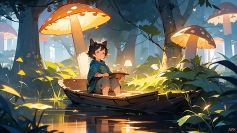 a young boy lying and looking up at the night sky, a cat sleeping on a small raft in a calm very small lake, fireflies illuminat...