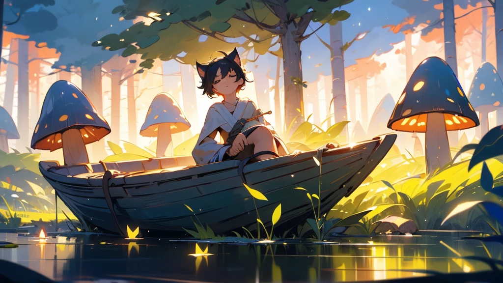 a young boy lying and looking up at the night sky, a cat sleeping on a small raft in a calm very small lake, fireflies illuminating the surroundings, glowing patterns on the grass, leaves, trees, and mushrooms around, atmospheric, serene, detailed, (best quality,8k,highres,masterpiece:1.2),ultra-detailed,(realistic,photorealistic,photo-realistic:1.37),digital painting,cinematic lighting,vibrant colors,beautiful landscape,tranquil scene,fantasy
