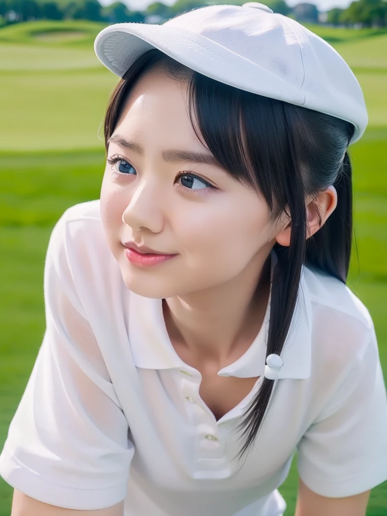 (kids:1.5), (golf　field:1.2),(golf:1.2), (best quality:1.3),(masterpiece:1.3),(photo realistic:1.3), 1girl,adorable_girl,(white polo shirt:1.2), (make up:1.4), (white cap:1.2),
