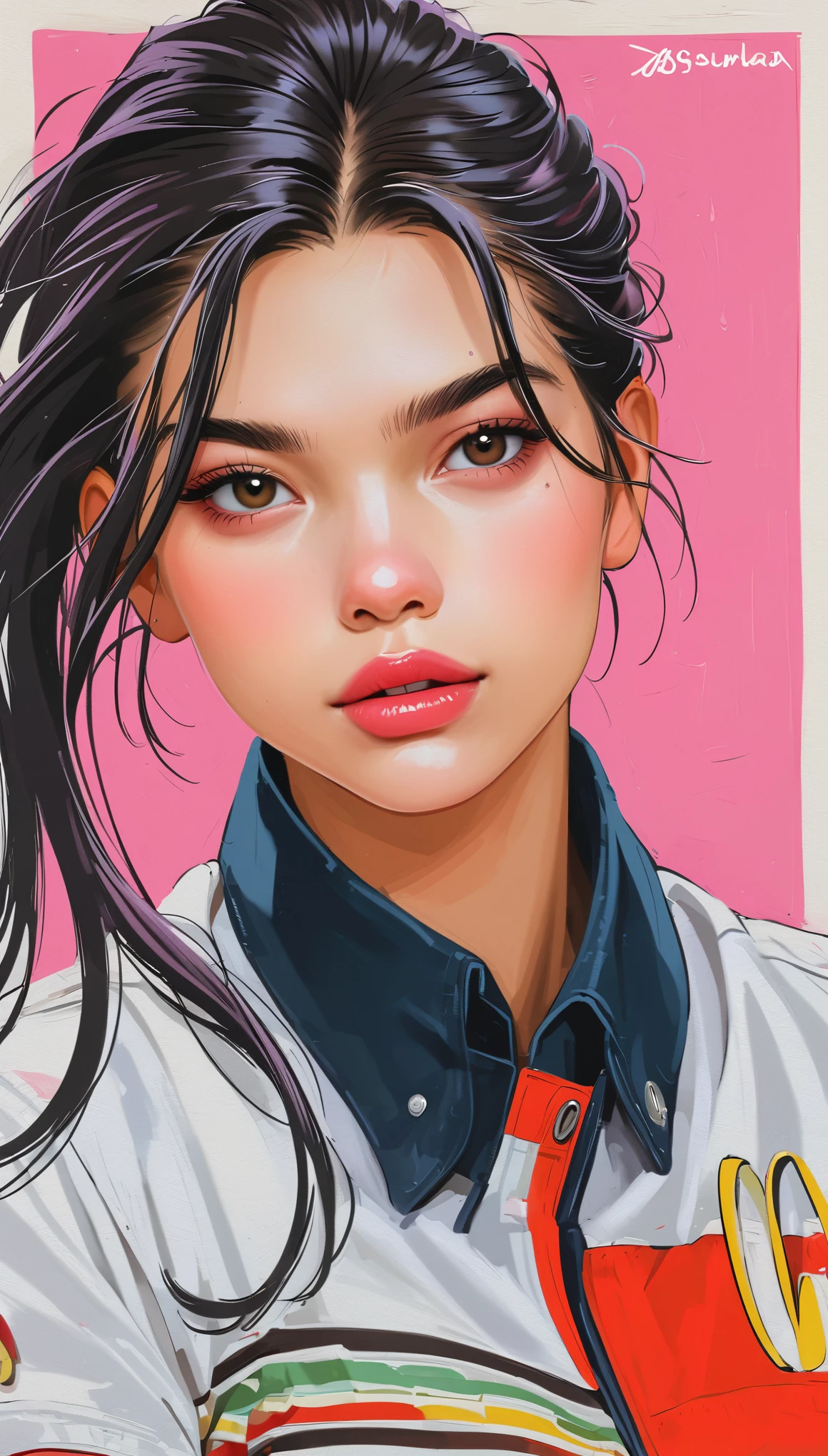 masterpiece、Highest quality: 1.2)、1 girl、、Anime Style、Black Hair、Pink Lips、Japanese、Long Hair、Shortcuts、In the style of a leading portraitist、Pink Background。マクドナルド。