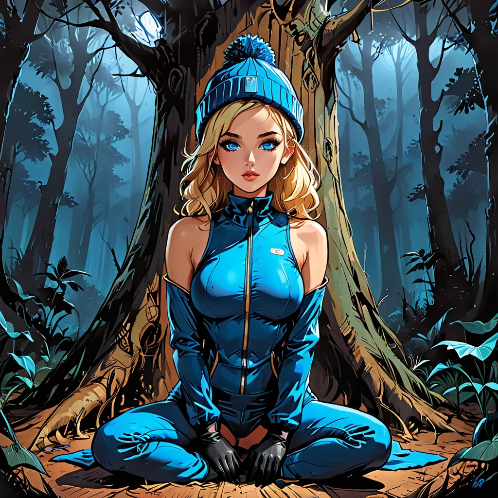 back view, giant dead tree, dark, dark atmosphere,  from the back ((girl in Blue zipped up down winter jacket and black turtleneck )) and (jeans) and blue gloves and (((blue winter hat)))) in a lotus pose in front of giant dead treel, tropical forest, night, adult, [Nordic], Hourglass elongated fitness body, perfect Olive skin, Oval Face, Long neck, Rounded shoulders, perfect hand, Attached Pointed ears, round forehead, (Short blonde Waves pixie hair), snub nose, Arched eyebrows, ((Monolid blue Eyes)), High Round Narrow cheekbones, Dimpled Cheeks, Rounded Chin, Rounded Jawline, Full nude Lips, (blue eyes), Nude Makeup Look, long eyelashes, third breast size, long slim fitness legs, graphic style of novel comics, perfect hands, 2d, 8k, hyperrealism, masterpiece, high resolution, best quality, ultra-detailed, super realistic, Hyperrealistic art, high-quality, ultra high res, highest detailed, lot of details, Extremely high-resolution details, incredibly lifelike, colourful, soft cinematic light,