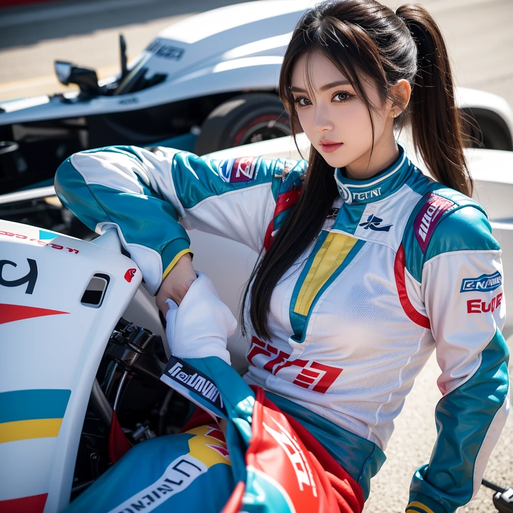 Super detailed photos、Detailed face、Cool woman、Colorful costumes、F1 Driver Cosplay、Colorful costumes、Clothing with company logo、The Grid Girls&#39; colorful and flashy costumes、Grid Girls、Perfect Face、Paddock Girls、harem、motor Show、tights、Bodycon Costumes、Grid Girls、Russia、Grid Girlsのコスプレ、belly button、Pleated skirt、Bodycon Costumes、Legs open pose、With legs spread