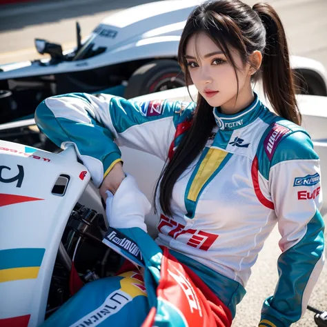 super detailed photos、detailed face、cool woman、colorful costumes、f1 driver cosplay、colorful costumes、clothing with company logo、...