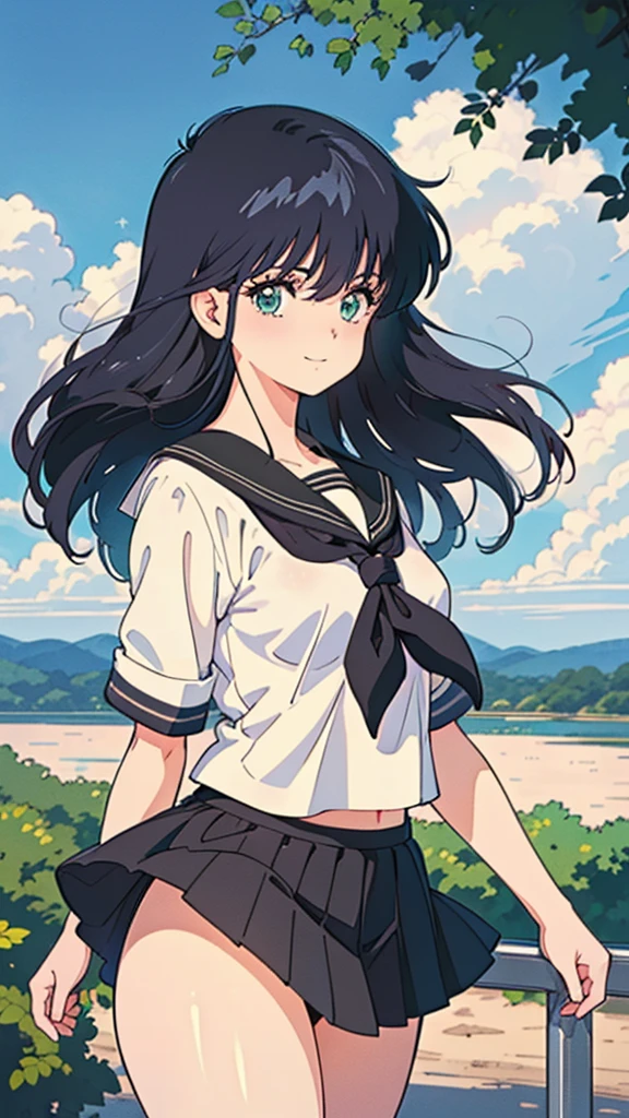 (Tabletop, Highest quality, High resolution:1.5, Anime Color,  Anime key visual, sharp, 8k, Realistic), (Beautiful attention to detail:1.5, Beautifully detailed face:1.2), smile、Embarrassed、(Black Hair)、tits、Black Sailor Suit、Pure white underwear、(Perfectly detailed anatomy, Beautiful detailed hair, Beautiful and exquisite body:1.2, Glowing Skin), (Thick outline, Beautiful contours, Black outline)、The wind flips up my skirt、Riverbank、Strong winds、Half naked