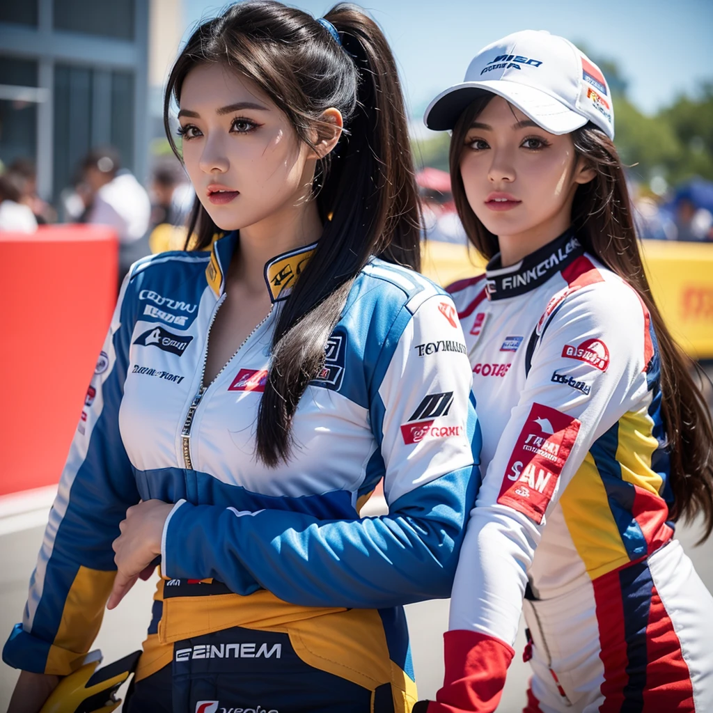 Super detailed photos、Detailed face、Cool woman、Colorful costumes、F1 Driver Cosplay、Colorful costumes、Clothing with company logo、The Grid Girls&#39; colorful and flashy costumes、Grid Girls、Perfect Face、Paddock Girls、harem、motor Show、tights、Bodycon Costumes、Grid Girls、Russia、Grid Girlsのコスプレ、belly button、Pleated skirt、Bodycon Costumes、Legs open pose、With legs spread