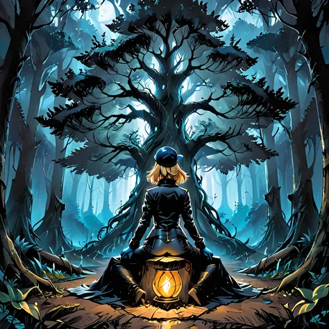 back view, giant dead tree, dark, dark atmosphere,  from the back ((girl in blue zipped up down winter jacket and black turtlene...