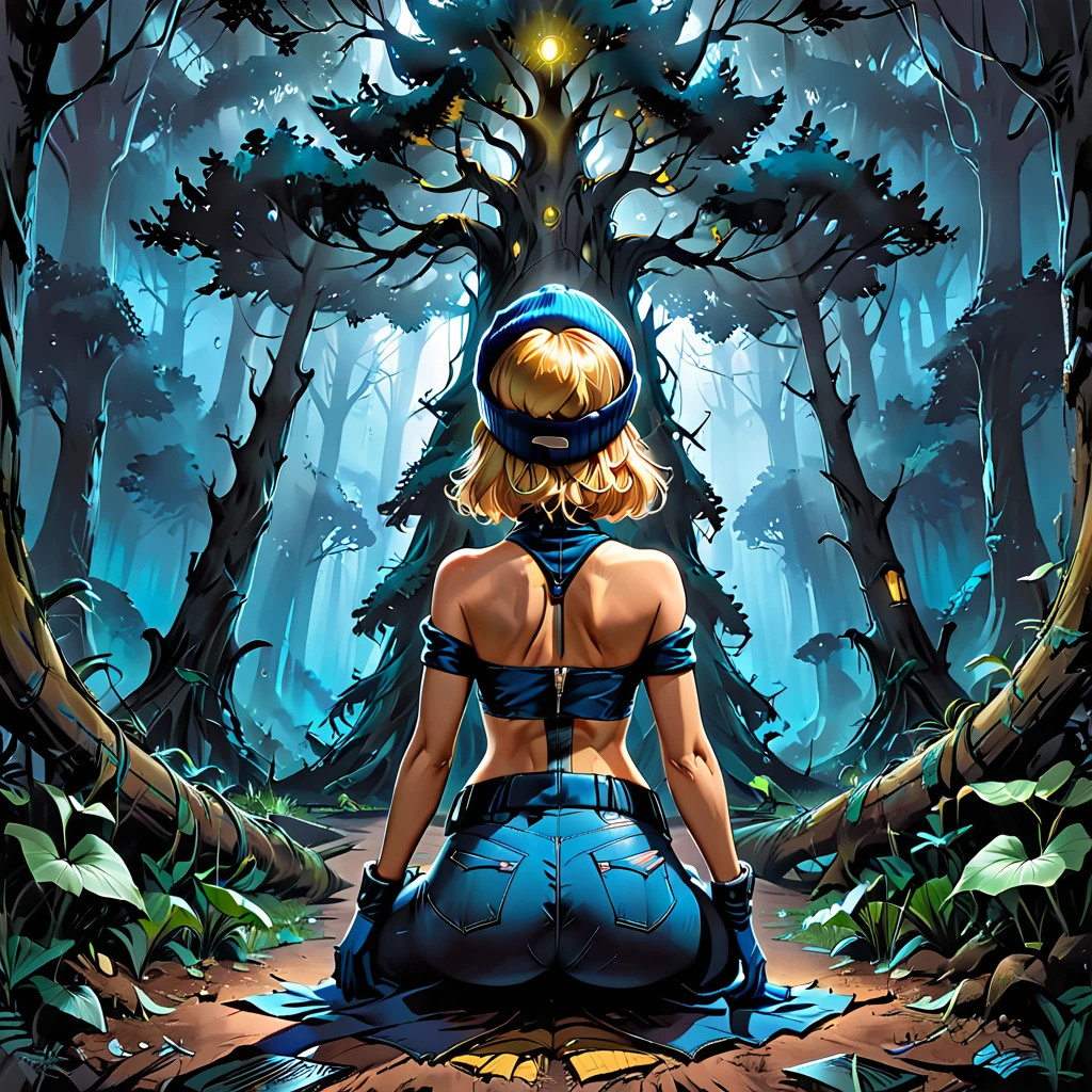 back view, giant dead tree, dark, dark atmosphere,  from the back ((girl in Blue zipped up down winter jacket and black turtleneck )) and (jeans) and blue gloves and (((blue winter hat)))) in a lotus pose in front of giant dead treel, tropical forest, night, adult, [Nordic], Hourglass elongated fitness body, perfect Olive skin, Rounded shoulders, perfect hand,  (Short blonde Waves pixie hair), long slim fitness legs, graphic style of novel comics, perfect hands, 2d, 8k, hyperrealism, masterpiece, high resolution, best quality, ultra-detailed, super realistic, Hyperrealistic art, high-quality, ultra high res, highest detailed, lot of details, Extremely high-resolution details, incredibly lifelike, colourful, soft cinematic light,