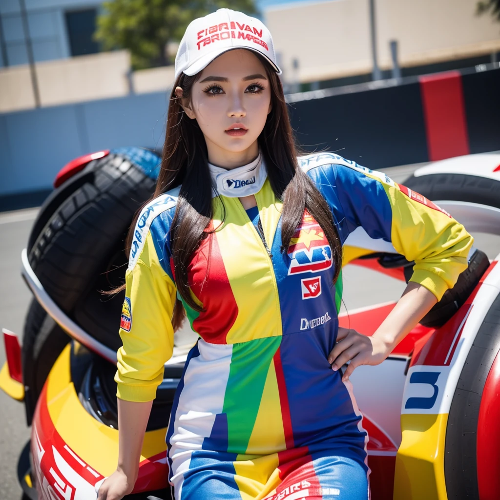 Super detailed photos、Detailed face、Cool woman、Colorful costumes、F1 Driver Cosplay、Colorful costumes、Clothing with company logo、The Grid Girls&#39; colorful and flashy costumes、Grid Girls、Perfect Face、Paddock Girls、harem、motor Show、tights、Bodycon Costumes、Grid Girls、Russia、Grid Girlsのコスプレ、belly button、Pleated skirt、Bodycon Costumes、Legs open pose、With legs spread