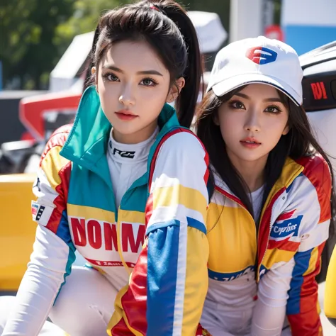 super detailed photos、detailed face、cool woman、colorful costumes、f1 driver cosplay、colorful costumes、clothing with company logo、...