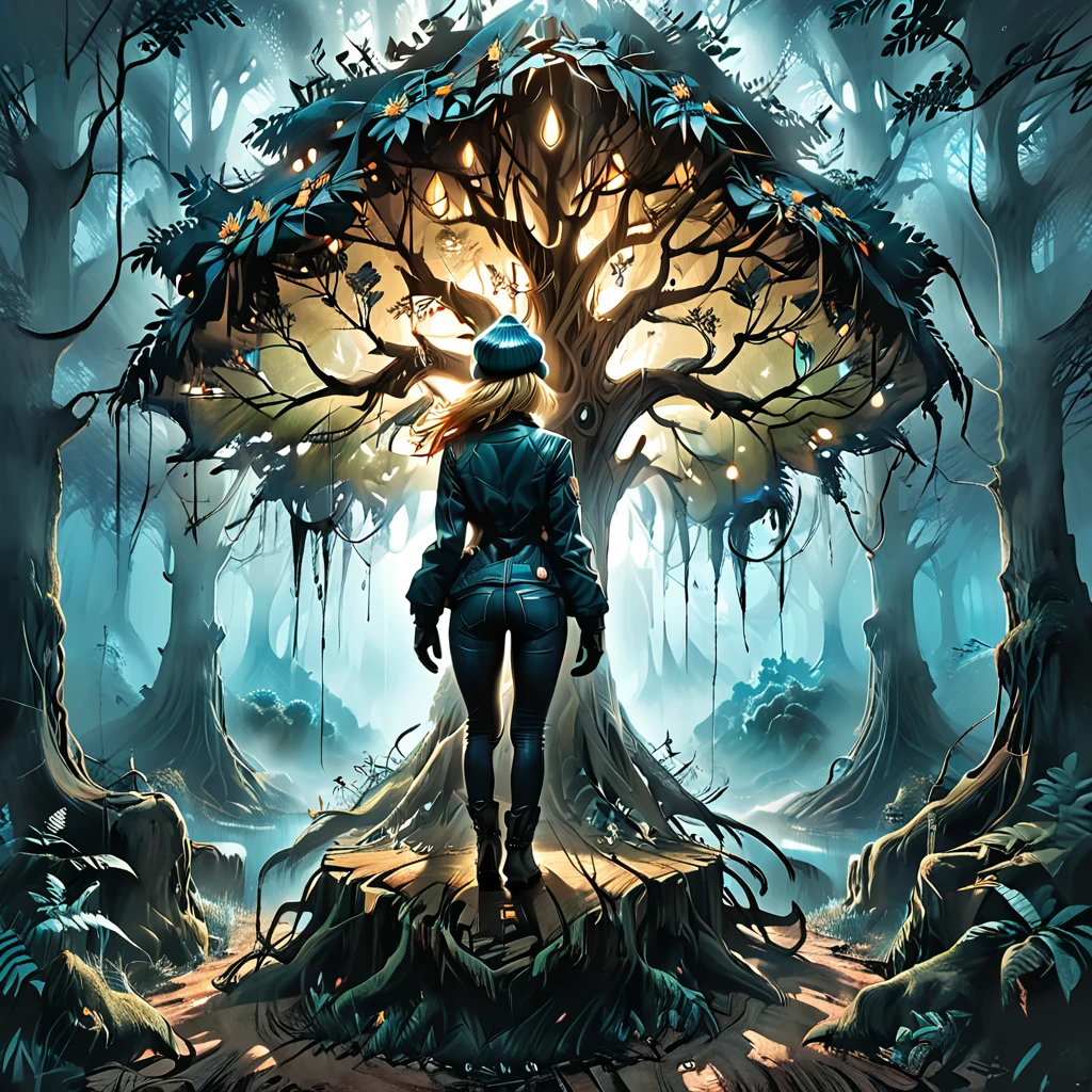 back view, giant dead tree, dark, dark atmosphere,  from the back ((girl in Blue zipped up down winter jacket and black turtleneck )) and (jeans) and blue gloves and (((blue winter hat)))) in a lotus pose in front of giant dead treel, tropical forest, night, adult, [Nordic], Hourglass elongated fitness body, perfect Olive skin, Rounded shoulders, perfect hand,  (Short blonde Waves pixie hair), long slim fitness legs, graphic style of novel comics, perfect hands, 2d, 8k, hyperrealism, masterpiece, high resolution, best quality, ultra-detailed, super realistic, Hyperrealistic art, high-quality, ultra high res, highest detailed, lot of details, Extremely high-resolution details, incredibly lifelike, colourful, soft cinematic light,