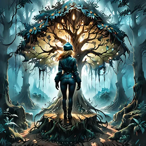 back view, giant dead tree, dark, dark atmosphere,  from the back ((girl in blue zipped up down winter jacket and black turtlene...