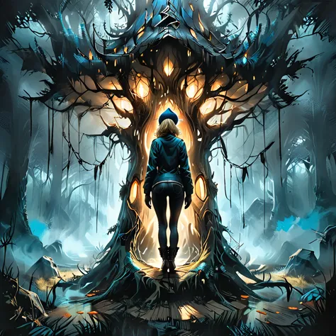 back view, giant dead tree, dark, dark atmosphere,  from the back ((girl in blue zipped up down winter jacket and black turtlene...