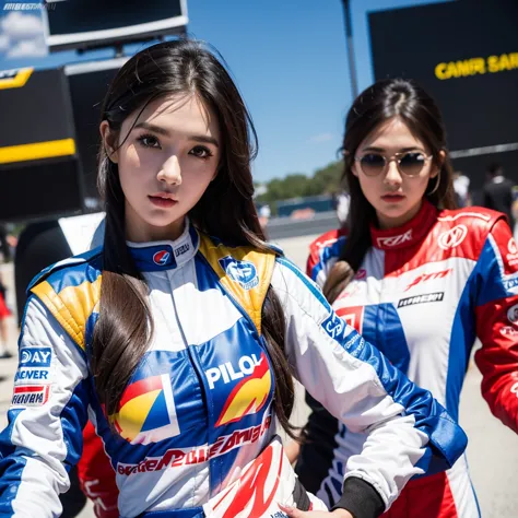 super detailed photos、detailed face、cool woman、colorful costumes、f1 driver cosplay、colorful costumes、clothing with company logo、...