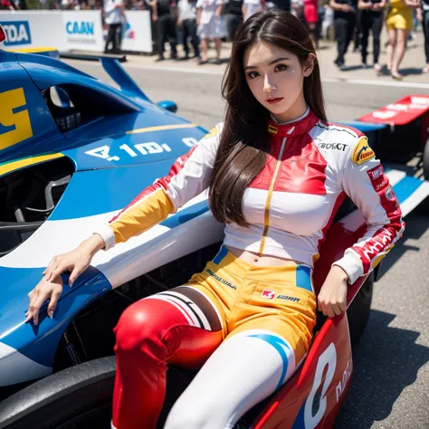 super detailed photos、detailed face、cool woman、colorful costumes、f1 driver cosplay、colorful costumes、clothing with company logo、...