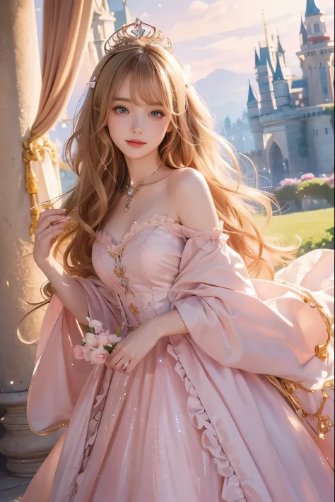 brown-blonde hair, curls in hair, golden crown, pink dress, bare shoulders, frills on dress and sleeves, walking regaly, holding...