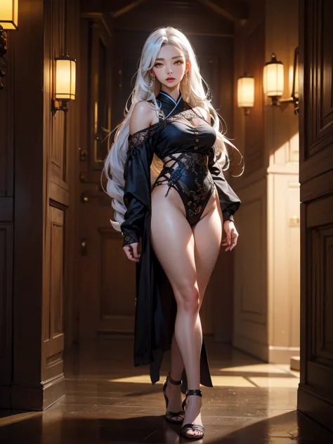 1 full body standing, nice ass, hairstyle with braid, white hair, yellow  eyes, perfect lighting, muscular, thicc thighs, asian ...