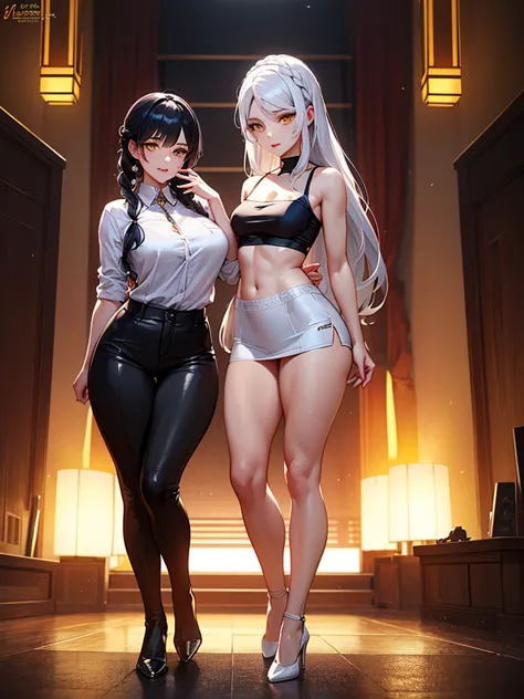 1 full body standing, nice ass, hairstyle with braid, white hair, yellow  eyes, perfect lighting, muscular, thicc thighs, asian ...