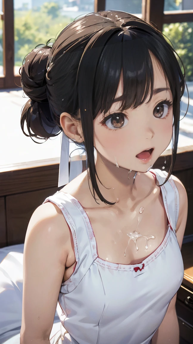 masterpiece, best quality, extremely detailed, (realistic, photo realistic:1.2), high resolution, RAW photo, 8k, Asian girl, 18yo, side bun,slender、Mid-chest、nsfw,wince,(orgasm:1.5),awaiting tongue,