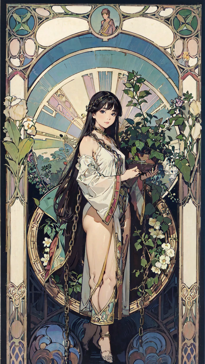 Detailed Background、Mucha style、Art Nouveau、The plants form chains around the subject&#39;s arms and legs.、(White underwear:1.2)、(masterpiece、Highest quality、Highest quality、Detailed and careful line drawings)、Vintage Color、colorful、Anatomically correct、Written boundary depth、Flat Shading、Bokeh、(Toned body, Thick thighs:1.2))、((Showing off your armpits)、Armpit hair grows)、Pussy、Camel Toe、Expressive eyes、Perfect Face、Black Hair、Okabo Hair、still、She is blushing、Browsing Caution